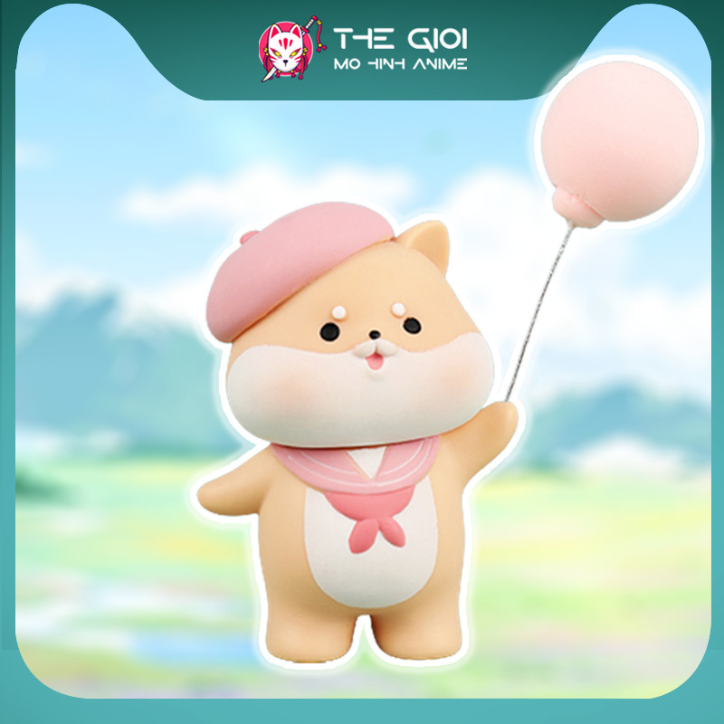 Mô hình chó Shiba gấu trắng Bear cầm bóng bay biểu cảm dễ thương trang trí để bàn, làm việc, ô tô, quà tặng