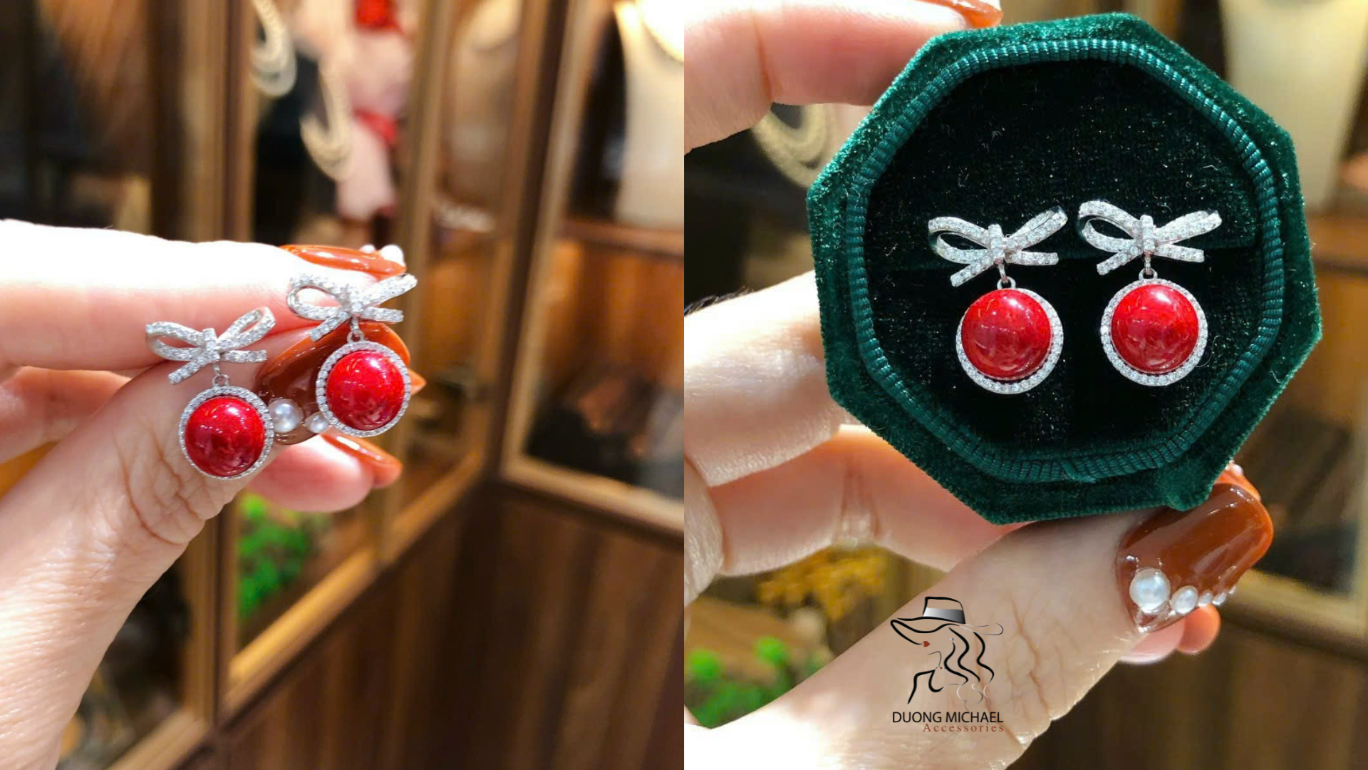 Bông tai san hô đỏ 8ly có nơ